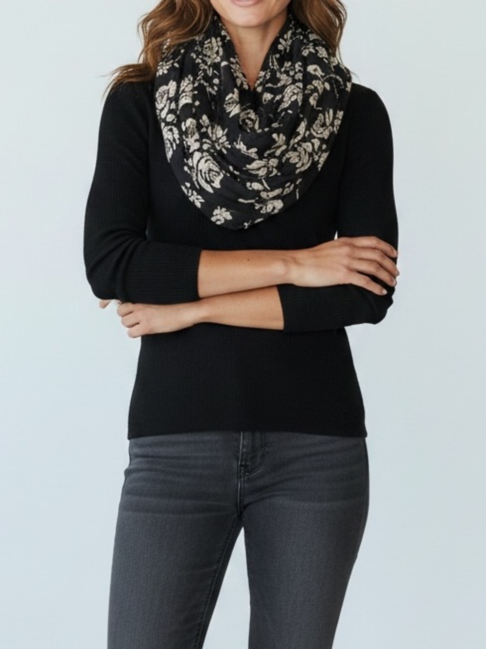 Floral Infinity Scarf 100% Cotton Lightweight Dark Academia Boho Black White - Picture 6 of 6